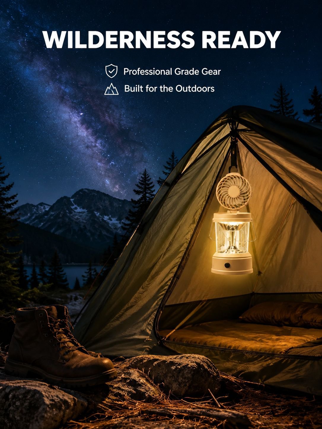 Portable High-Intensity Folding Tent Light combined with a fan for camping