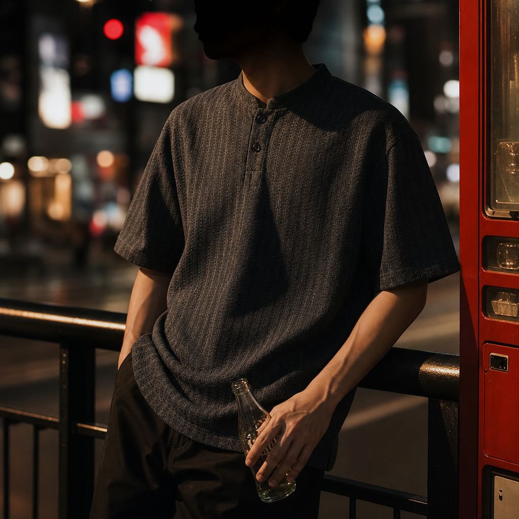 シンプルで合わせやすいメンズヘンリーネックTシャツ