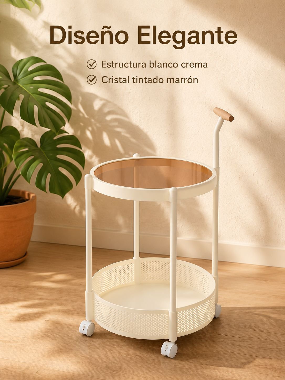 Mesa auxiliar con carrito de cristal móvil