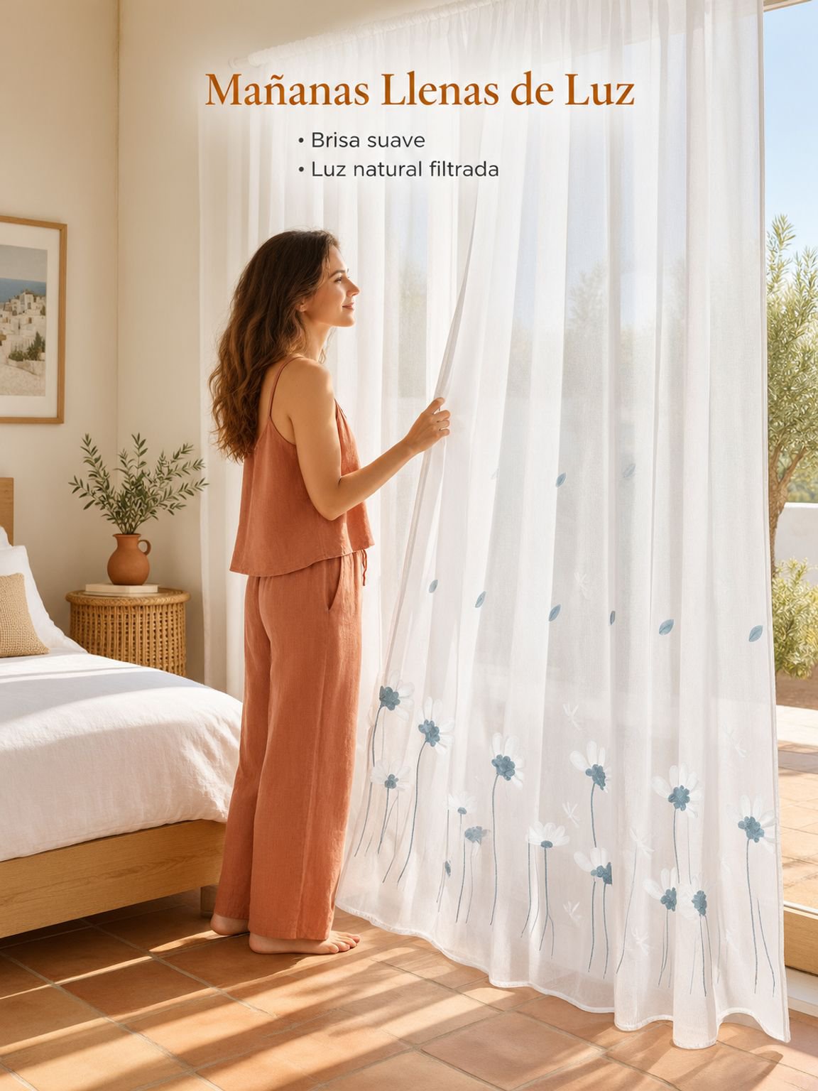 Cortinas de gasa minimalistas con diseño de margaritas para salón y dormitorio