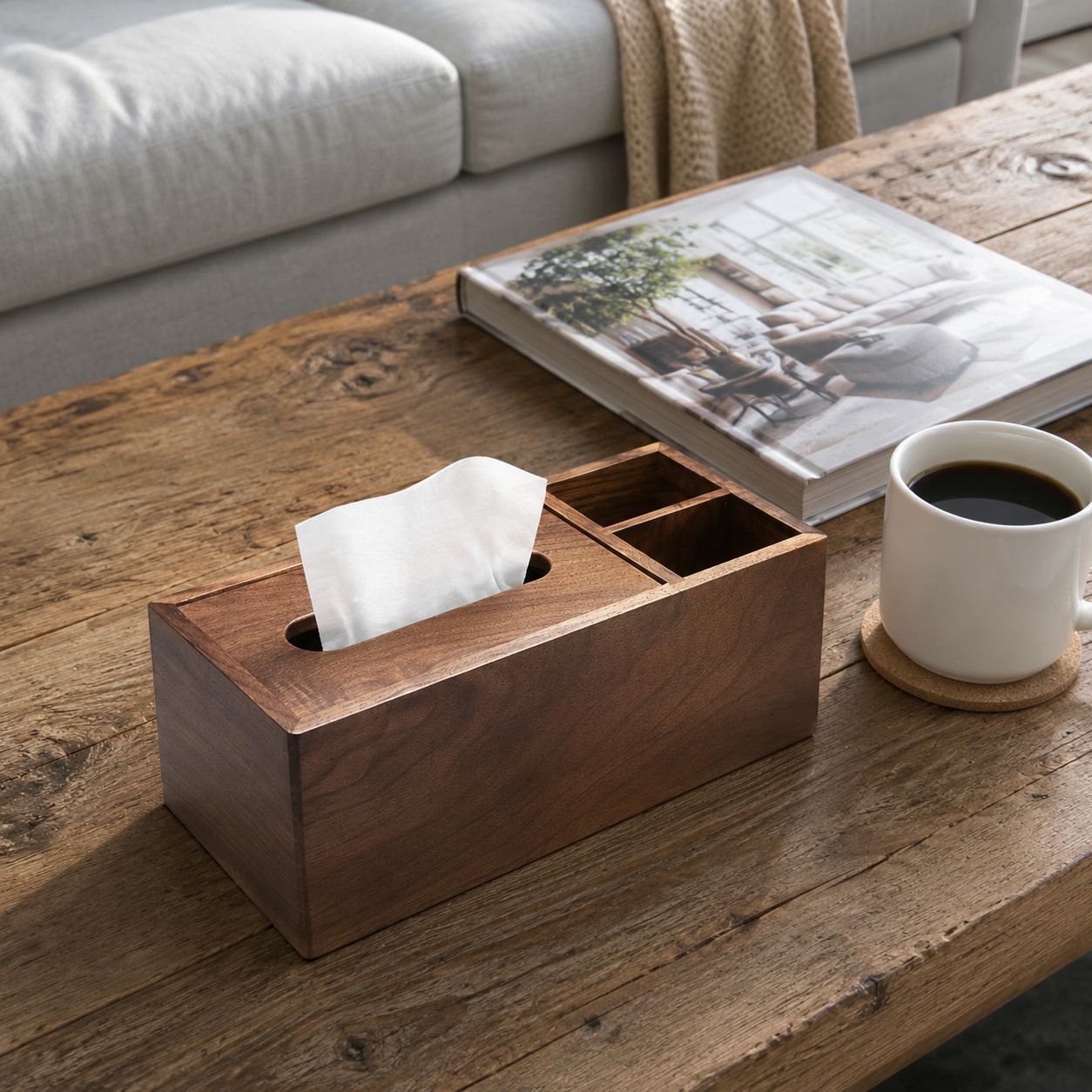 Top view of walnut tissue box organizer with accessories
