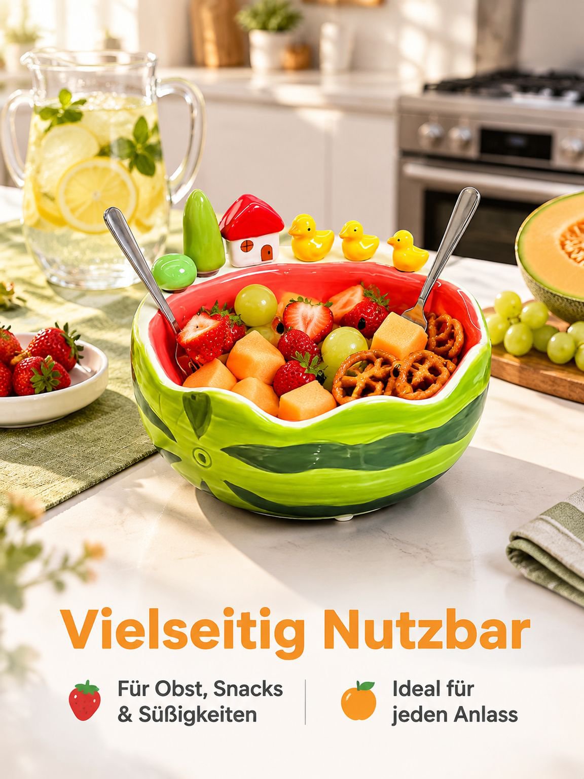 Süßes Keramik-Frucht-Schalen-Set mit Wassermelonenmuster und Edelstahl-Fruchtgabeln