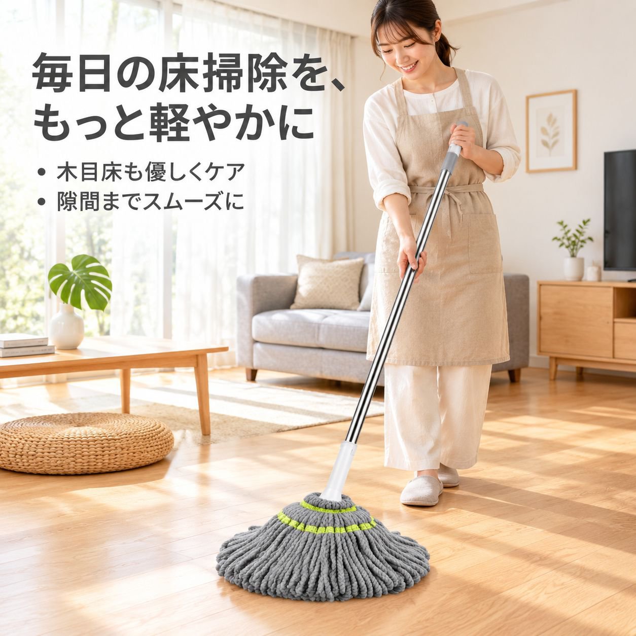 水絞り ハンズフリー 毕卡索 回転モップ 浴室用 乾湿両用 マイクロファイバー吸水モップ