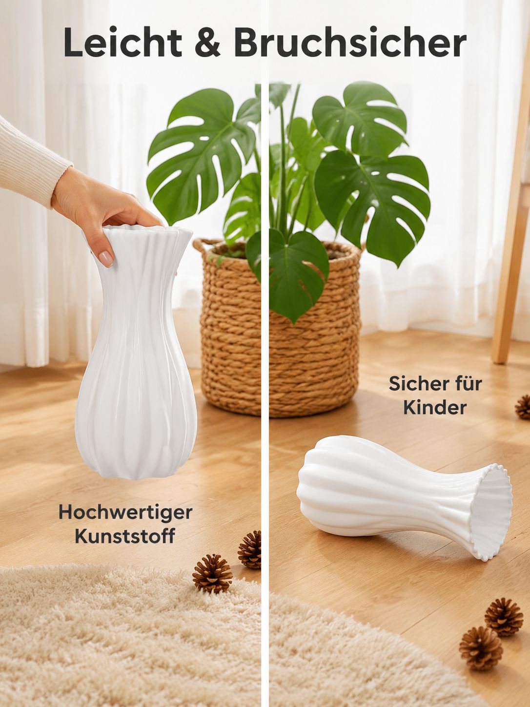 Bodenvase im französischen Stil, Plastikvase, Blumentopf, künstliche Blumen, Vintage-Wohnaccessoire.