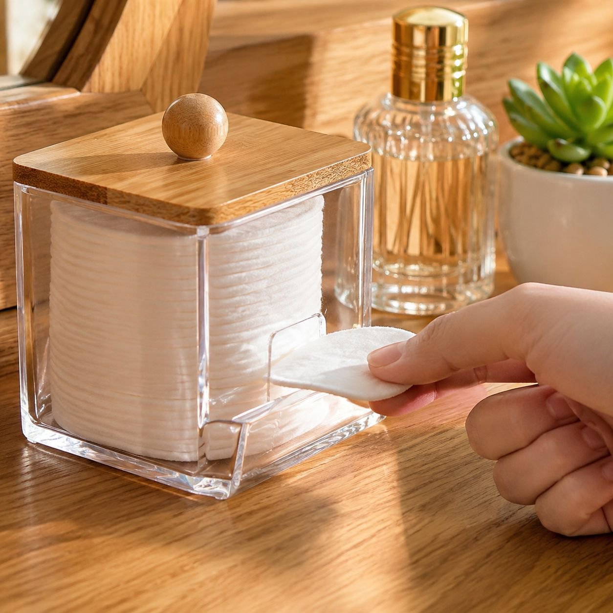 Portable clear acrylic container for cotton pads