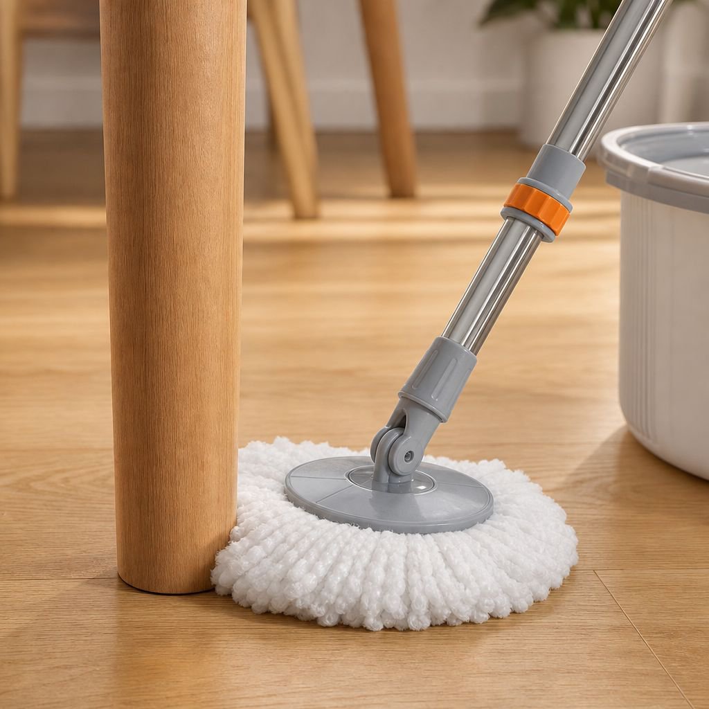 Ergonomic handle on rotating cleaning mop
