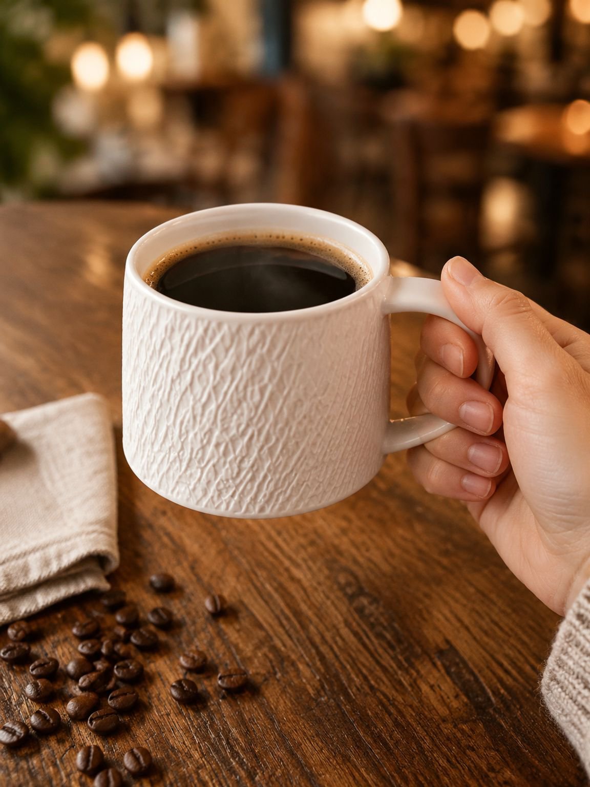 Side view of the premium vintage-style coffee cup with a saucer