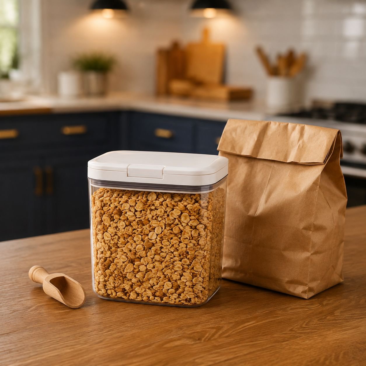 Stackable rice container for efficient kitchen storage