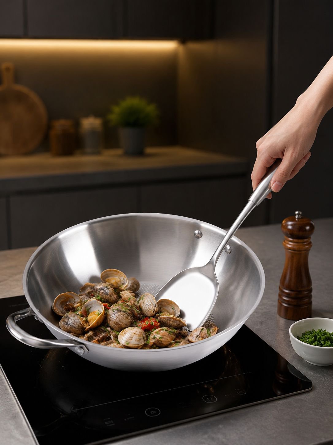 Induction compatible stainless steel frying pan