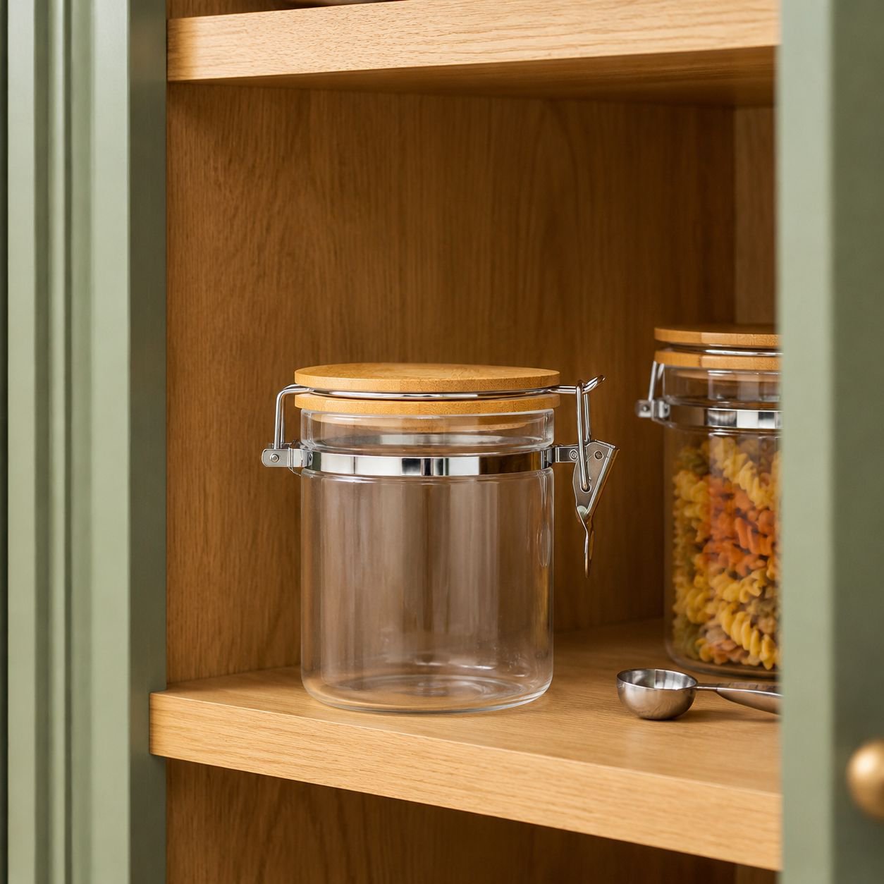 Large glass jar storing breakfast cereal