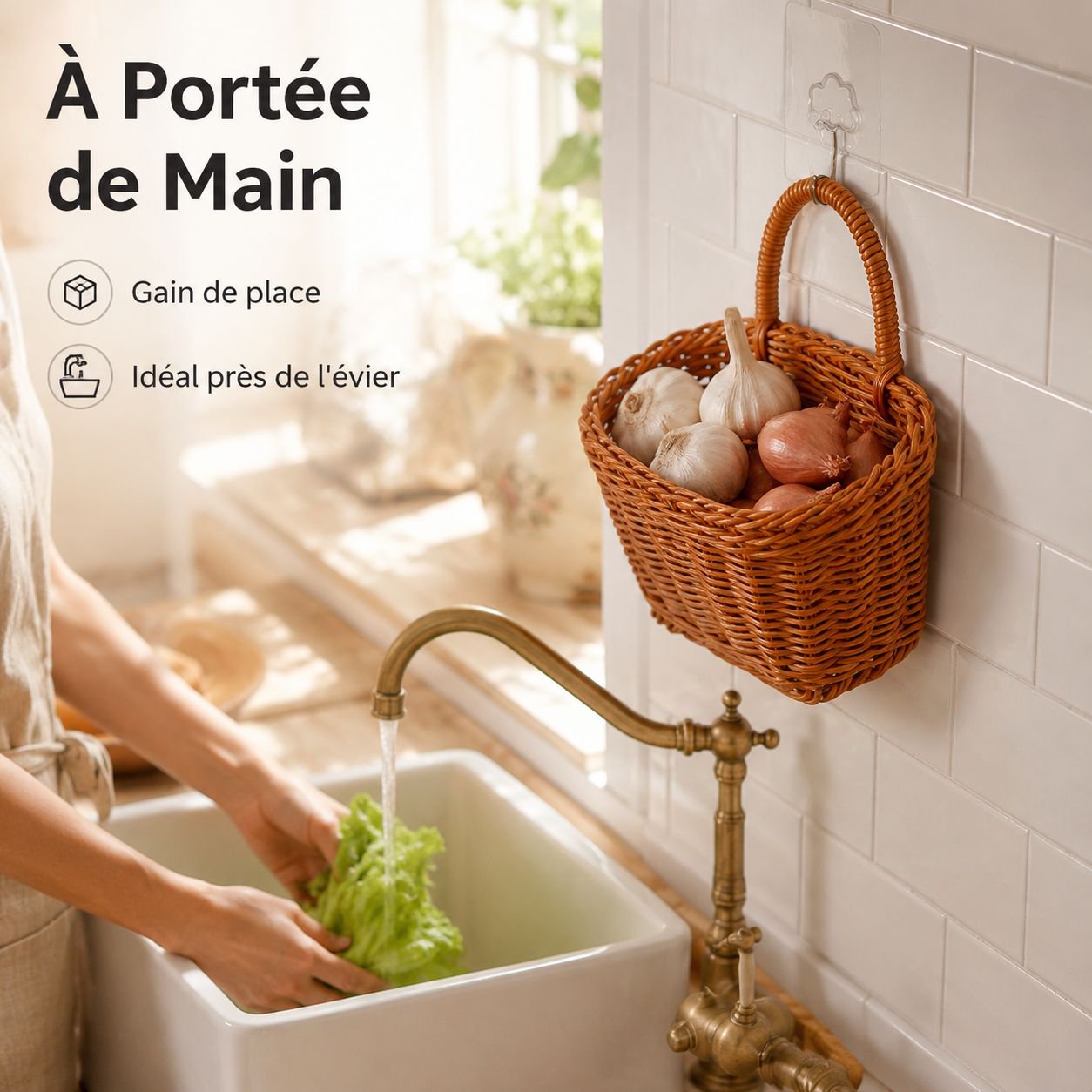 Panier de rangement multifonction en rotin synthétique pour gingembre et ail