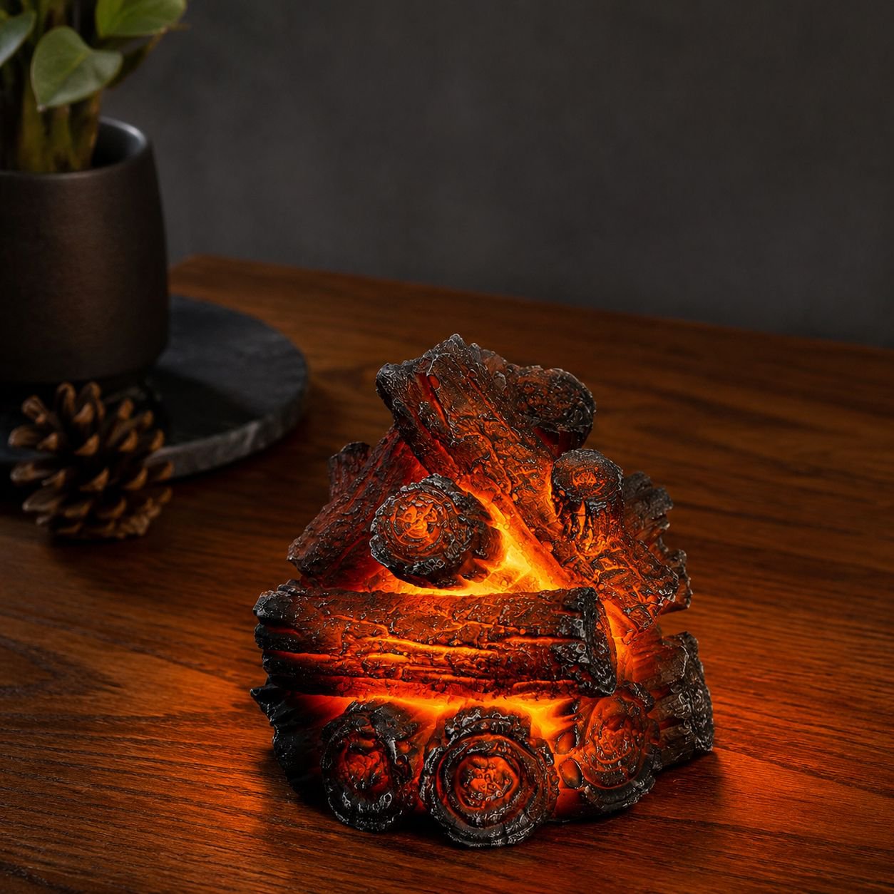 Resin Faux Charcoal LED Ambient Light, Charcoal Pile Design with Soft Flame Effect, Battery-Powered