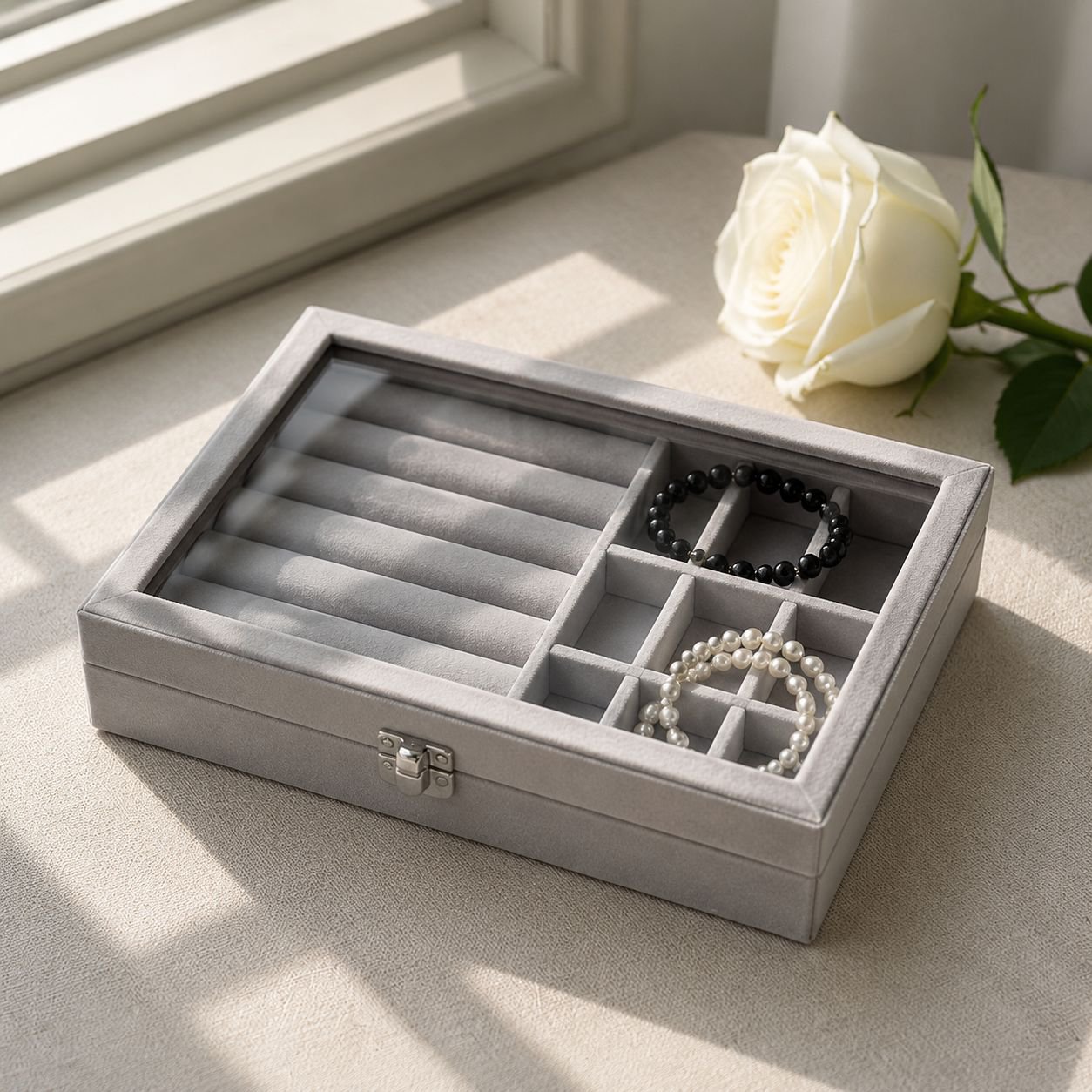 Jewelry storage box holding rings, earrings, and necklaces