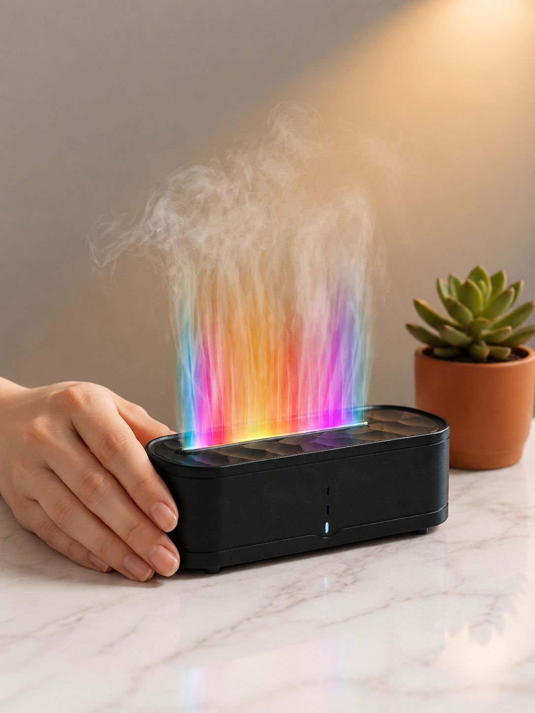 Ambiente relajante con humidificador de llama y siete colores