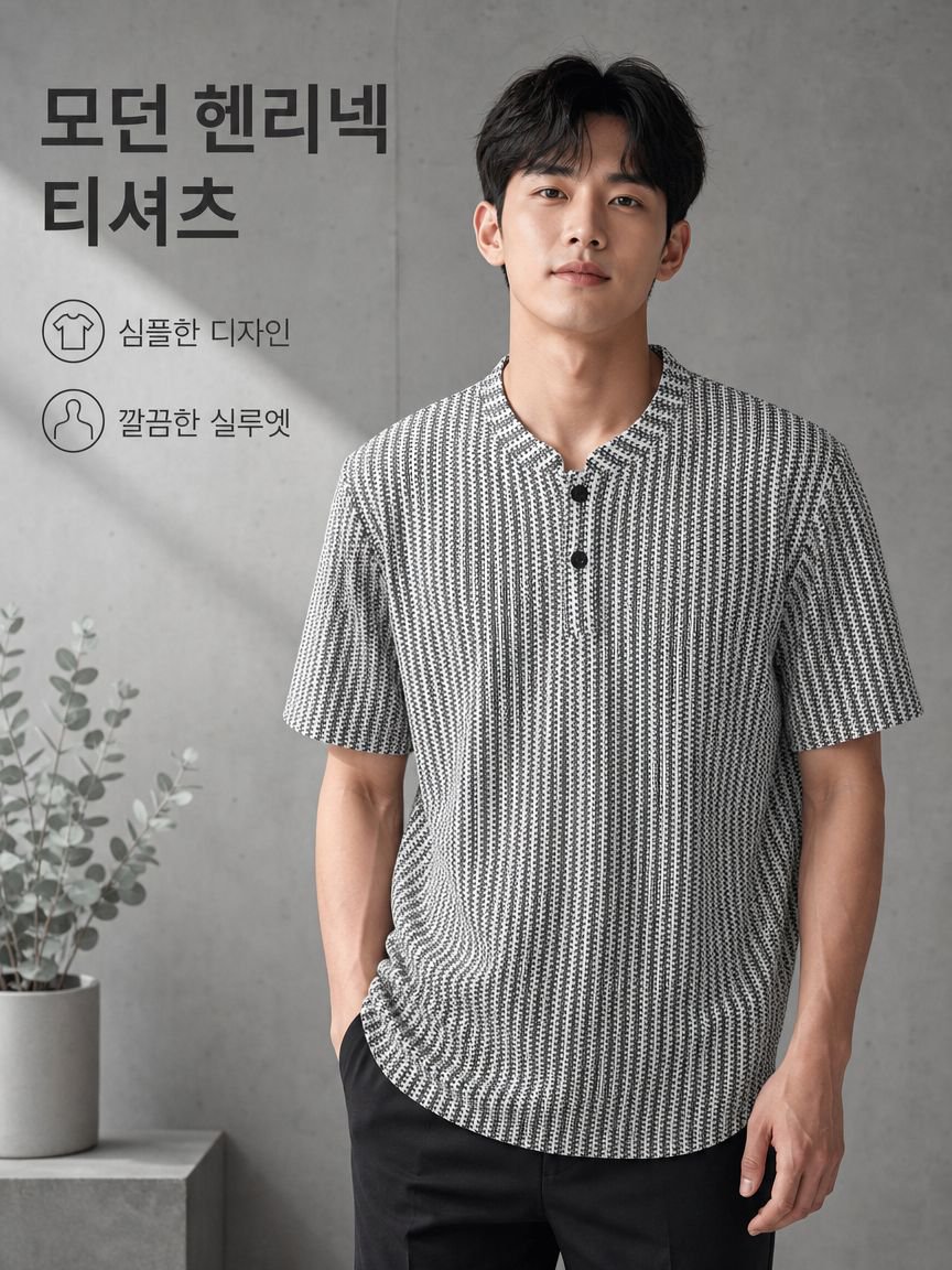 여름 캐주얼 헤링본 헨리넥 상의