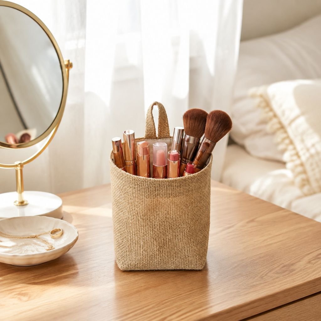 Cotton and linen storage hanging bags for hanging behind doors, on walls, and on desktops; jute stor