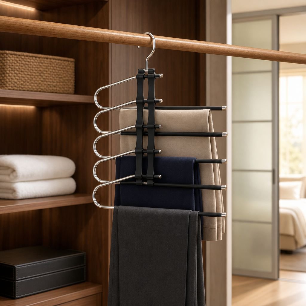 Detalle de ganchos del perchero organizador para pantalones