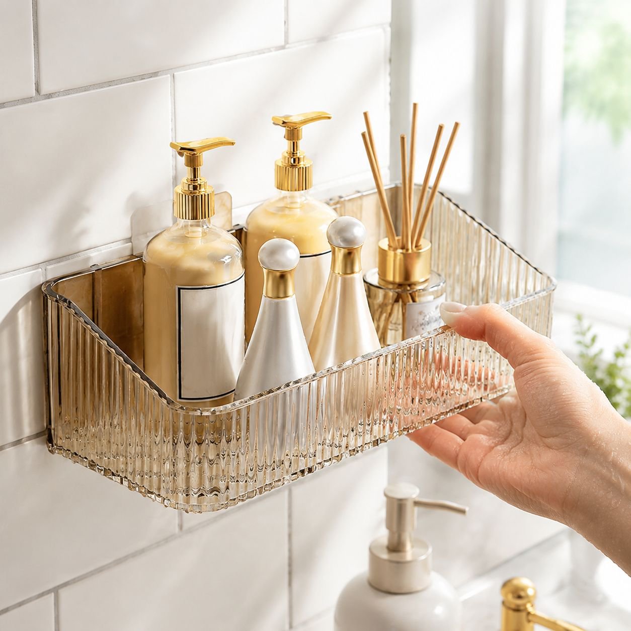 Draining caddy organizing soap, shampoo, and razors