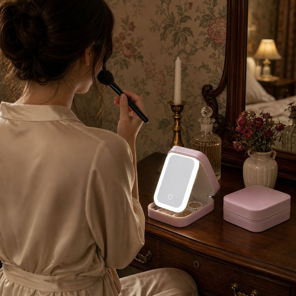 LED mirror makeup box with jewelry organizer compartments