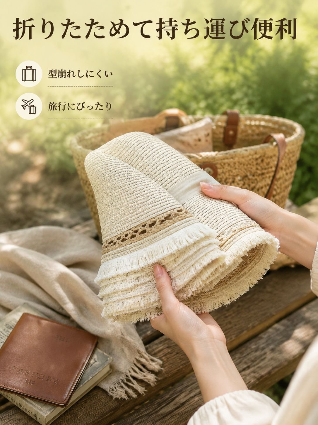 房飾りのついたつば広麦わら帽子