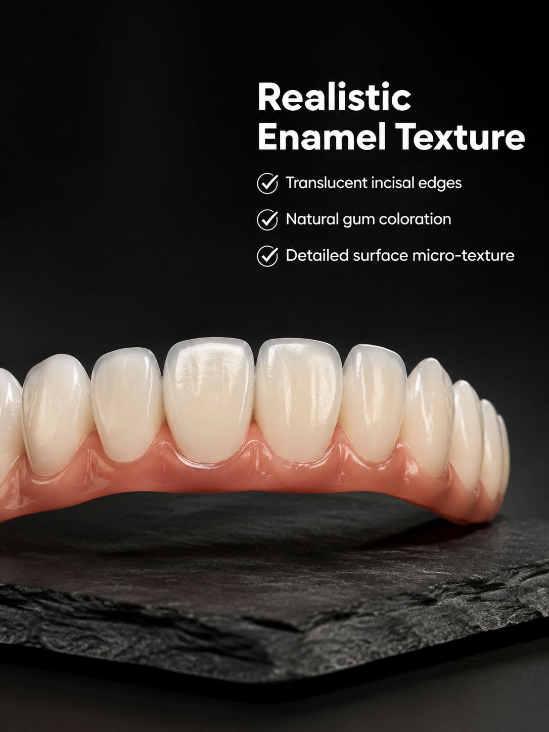 Close-up of perfectly fitted false teeth