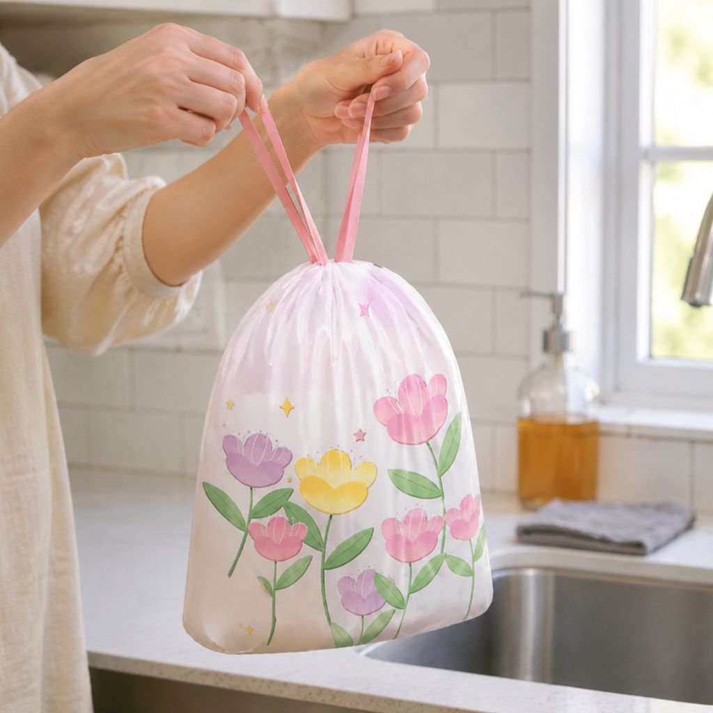 Tulip-shaped garbage bags with drawstring, thickened handle, for kitchen waste, automatic closure, p