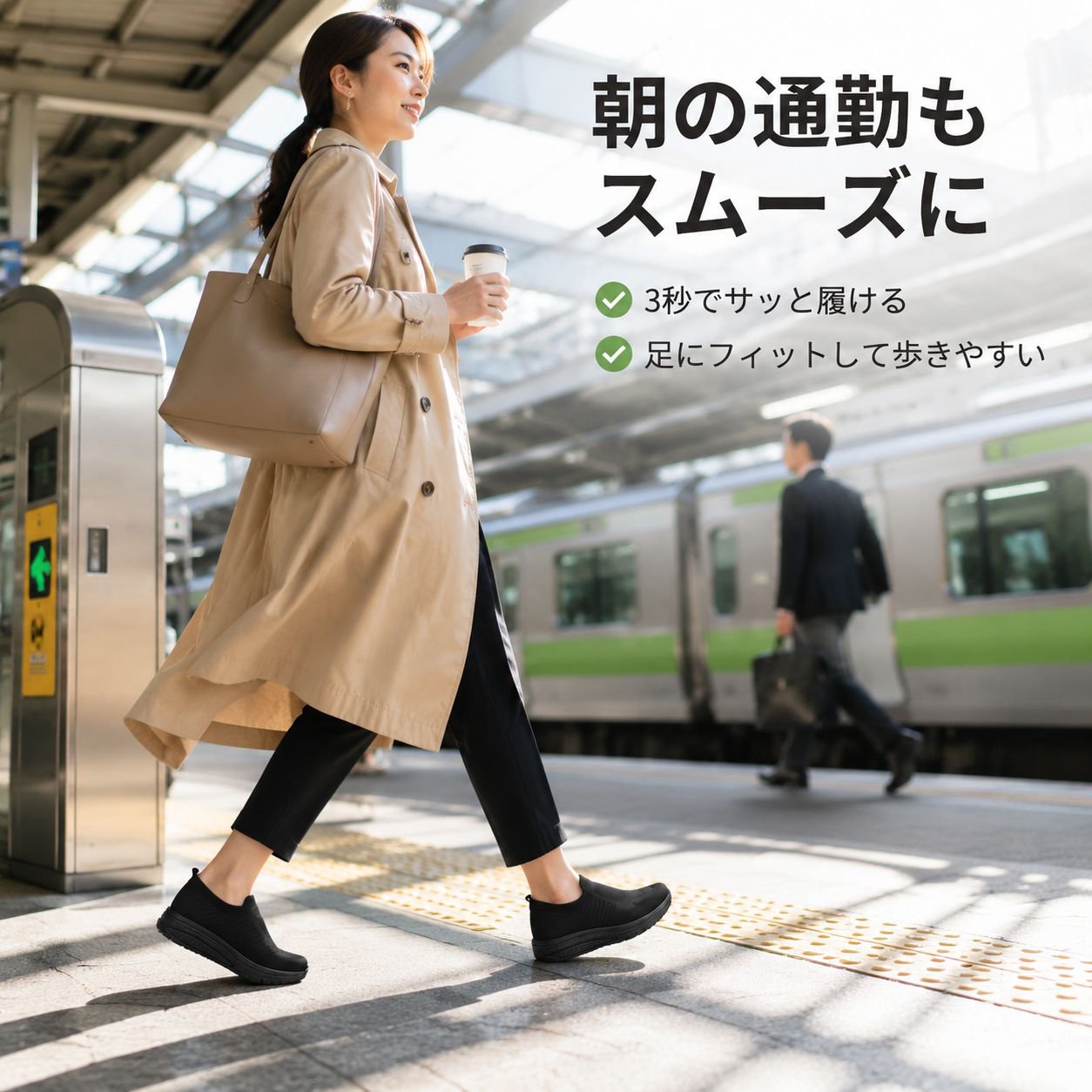 通気性ニット厚底スリッポンレディースシューズ、スタイルアップゆらゆらソール万能靴