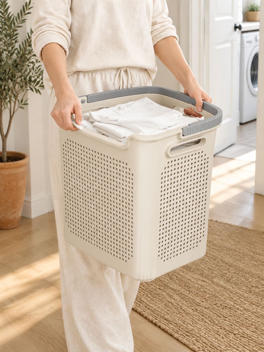Corbeille à linge sale blanc crème