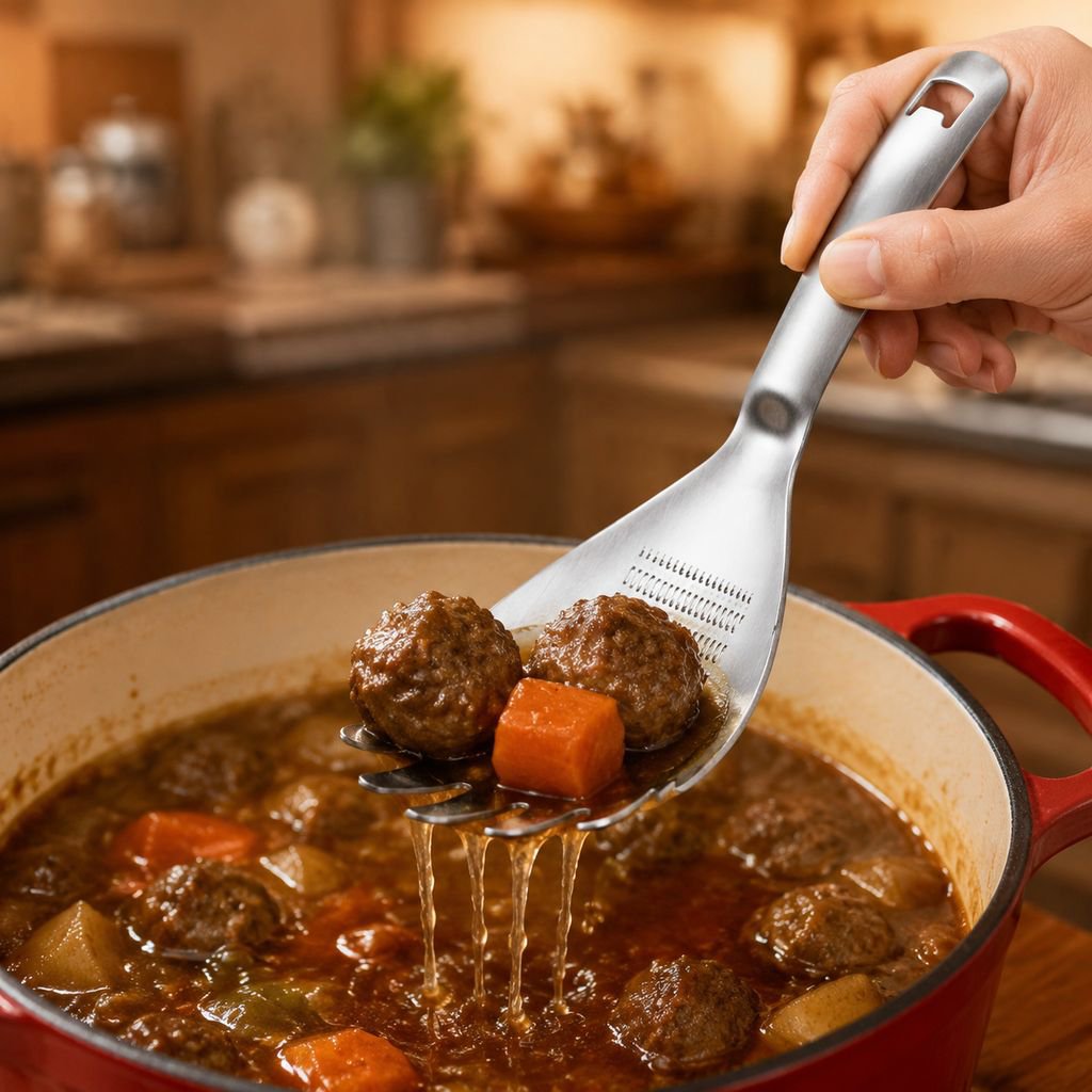 Durable stainless steel spoon for mixing and serving
