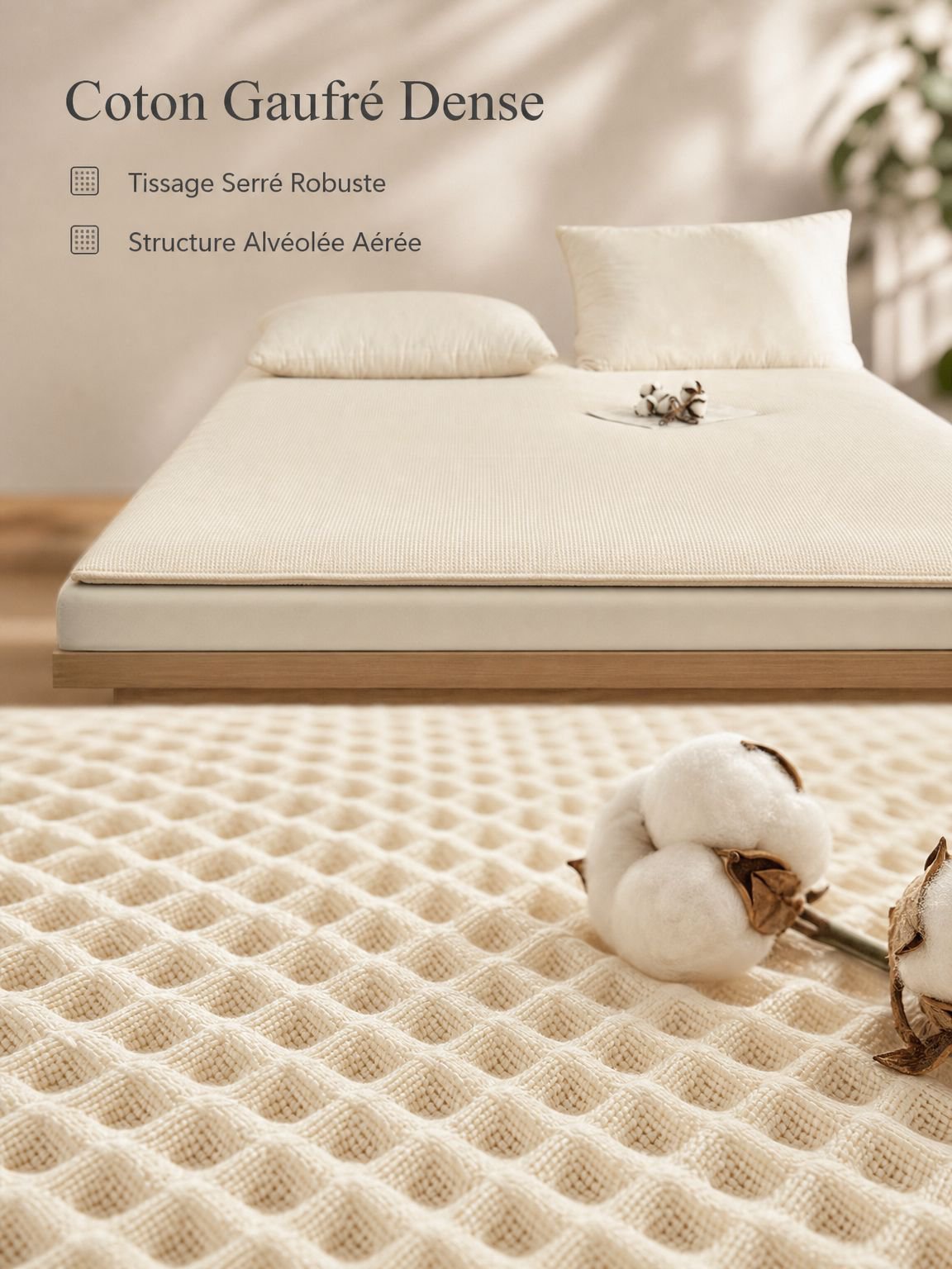 Vue détaillée du matelassage du surmatelas futon en coton