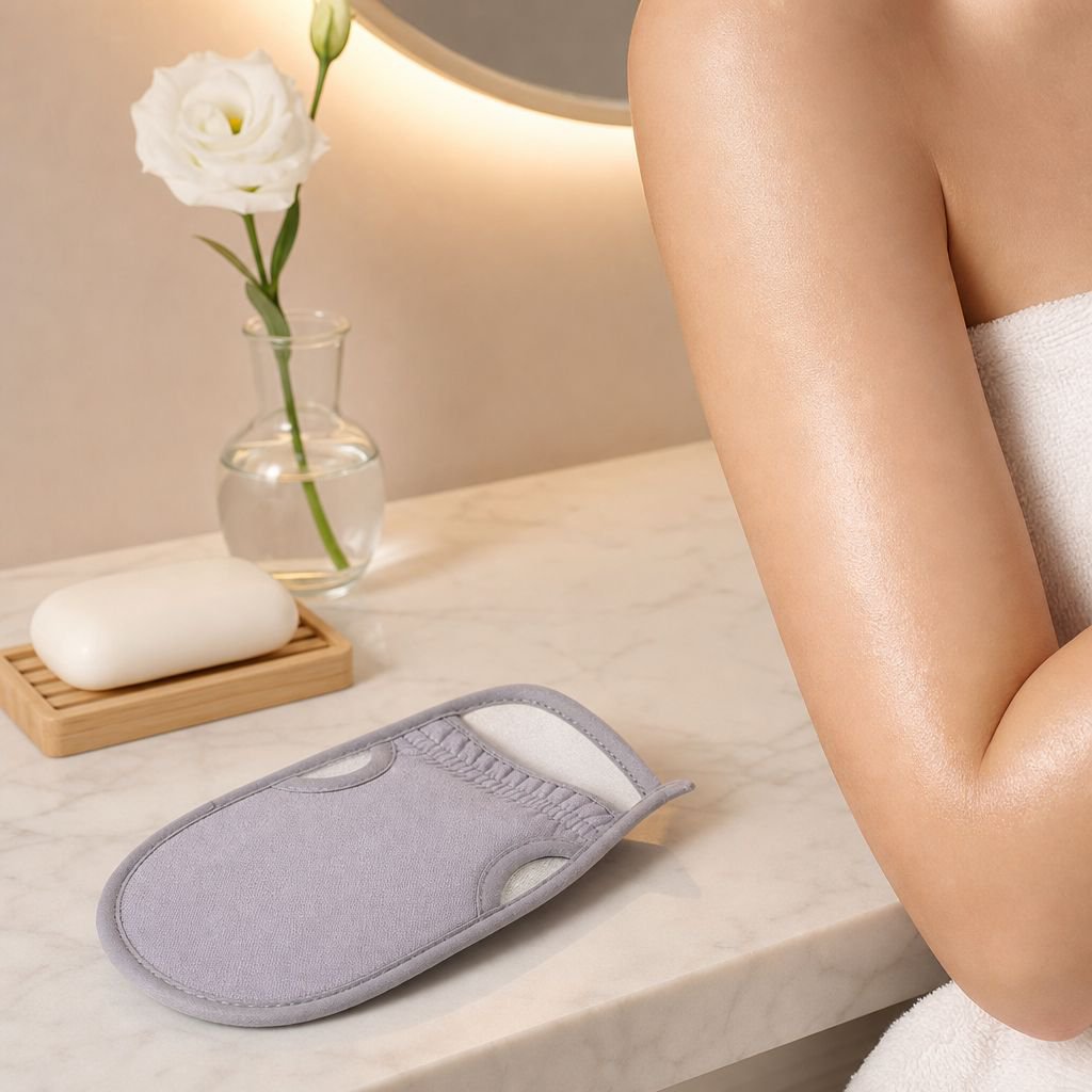 Shower essentials exfoliating glove and towel