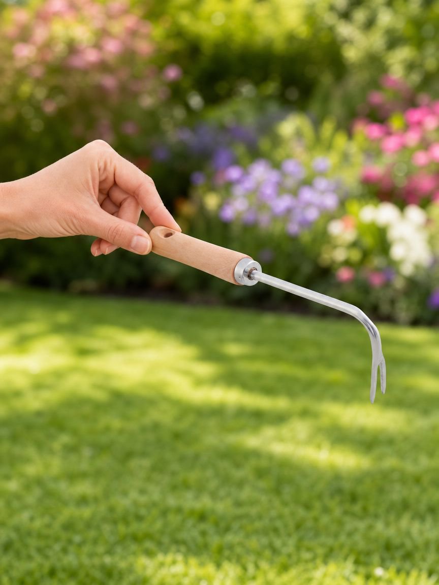 Handheld gardening tools featuring wooden grips