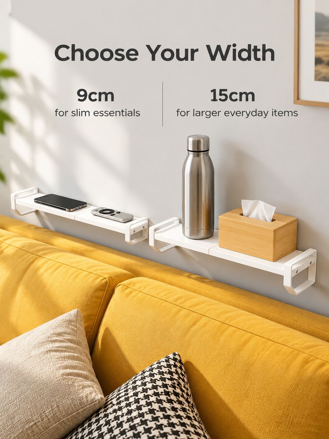 Contemporary wooden wall shelf behind couch for organization and display