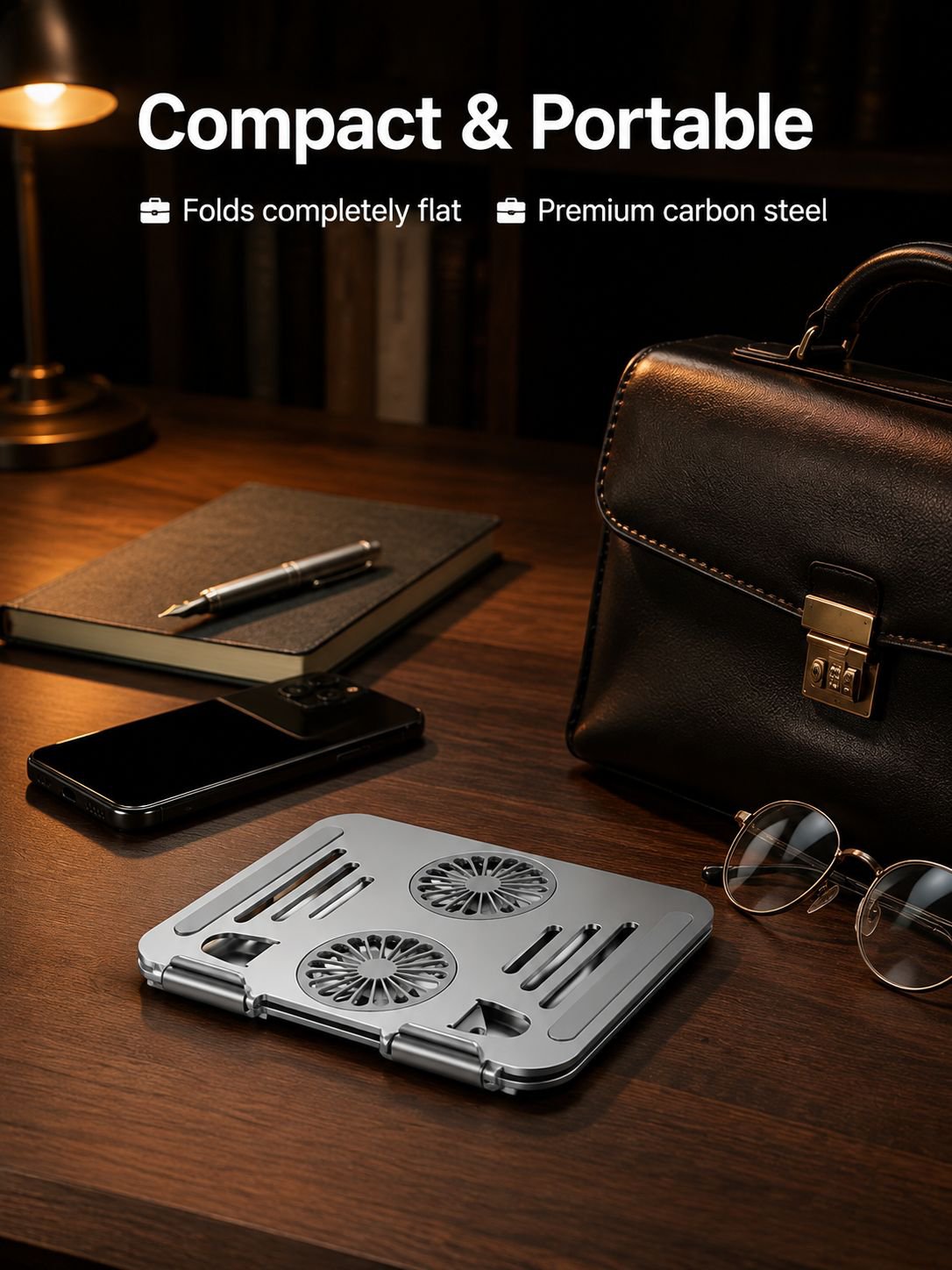 Dual-fan Hollow Cooling Laptop Stand, Portable Foldable Carbon Steel Height-Adjustable Support