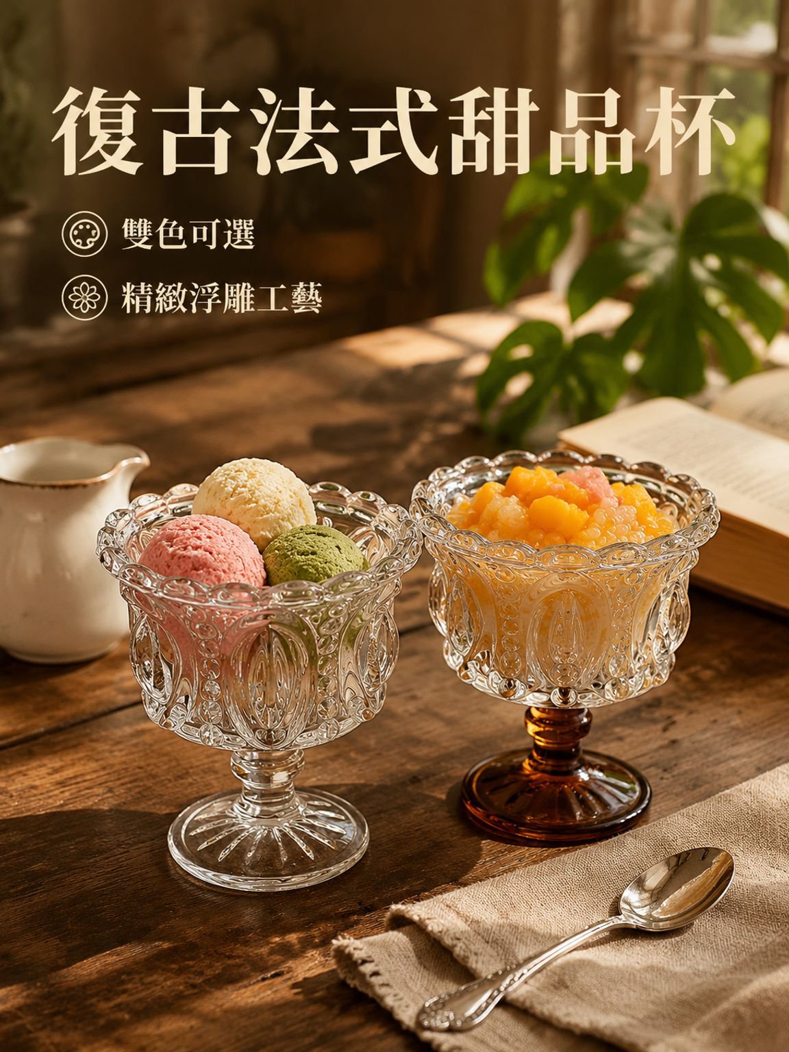 高腳甜品杯浮雕冰淇淋玻璃杯