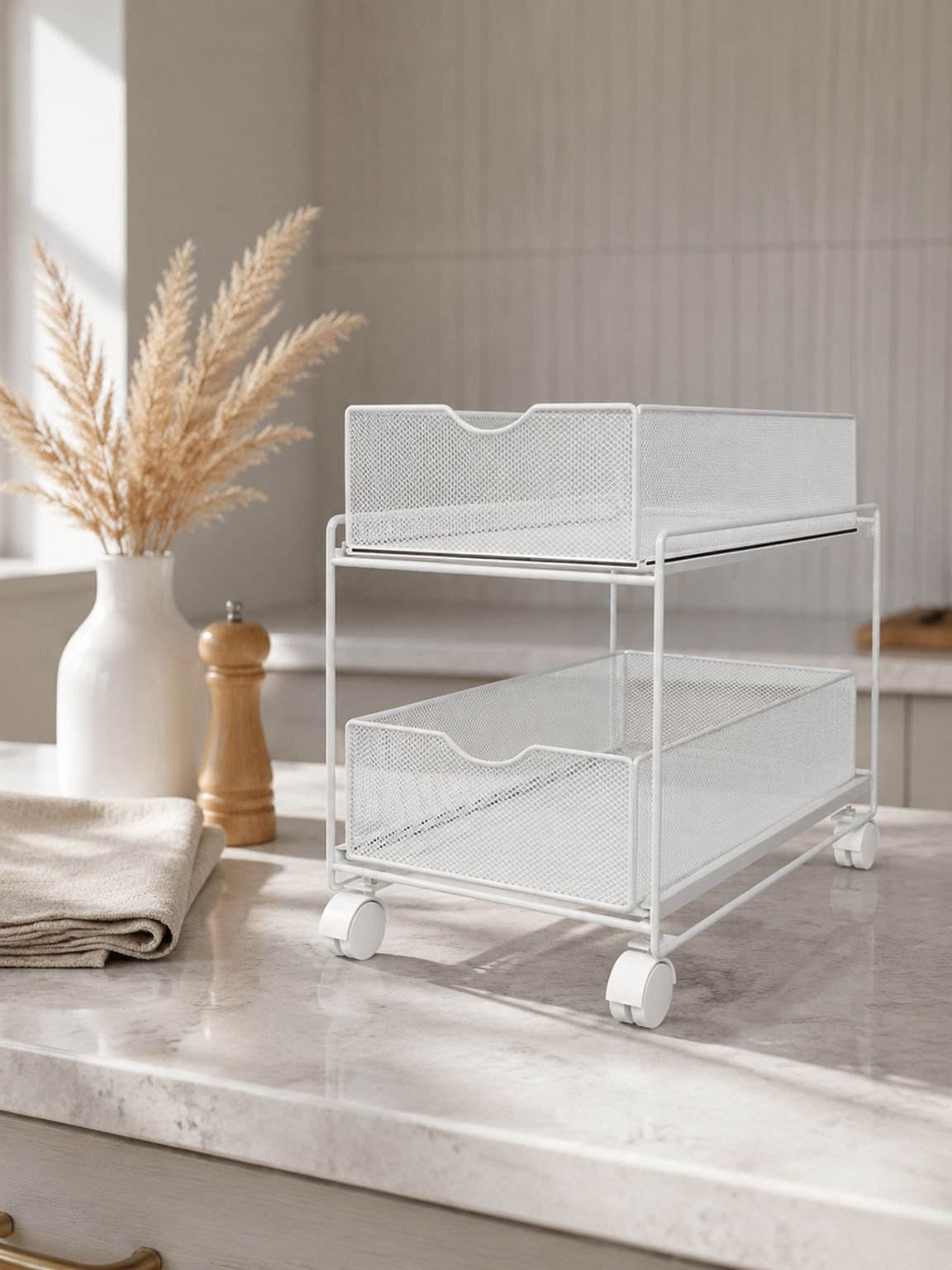 Pull-Out Kitchen Cabinet Shelf Organizer with sliding mechanism