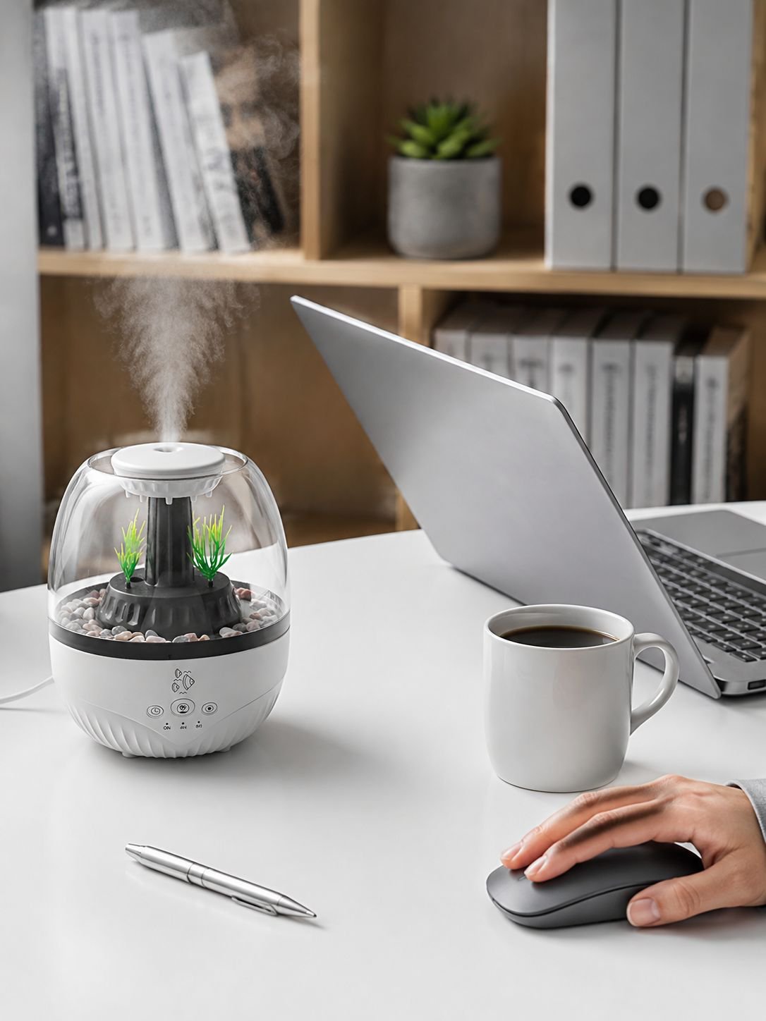 Close-up of creative fish tank humidifier with essential oils