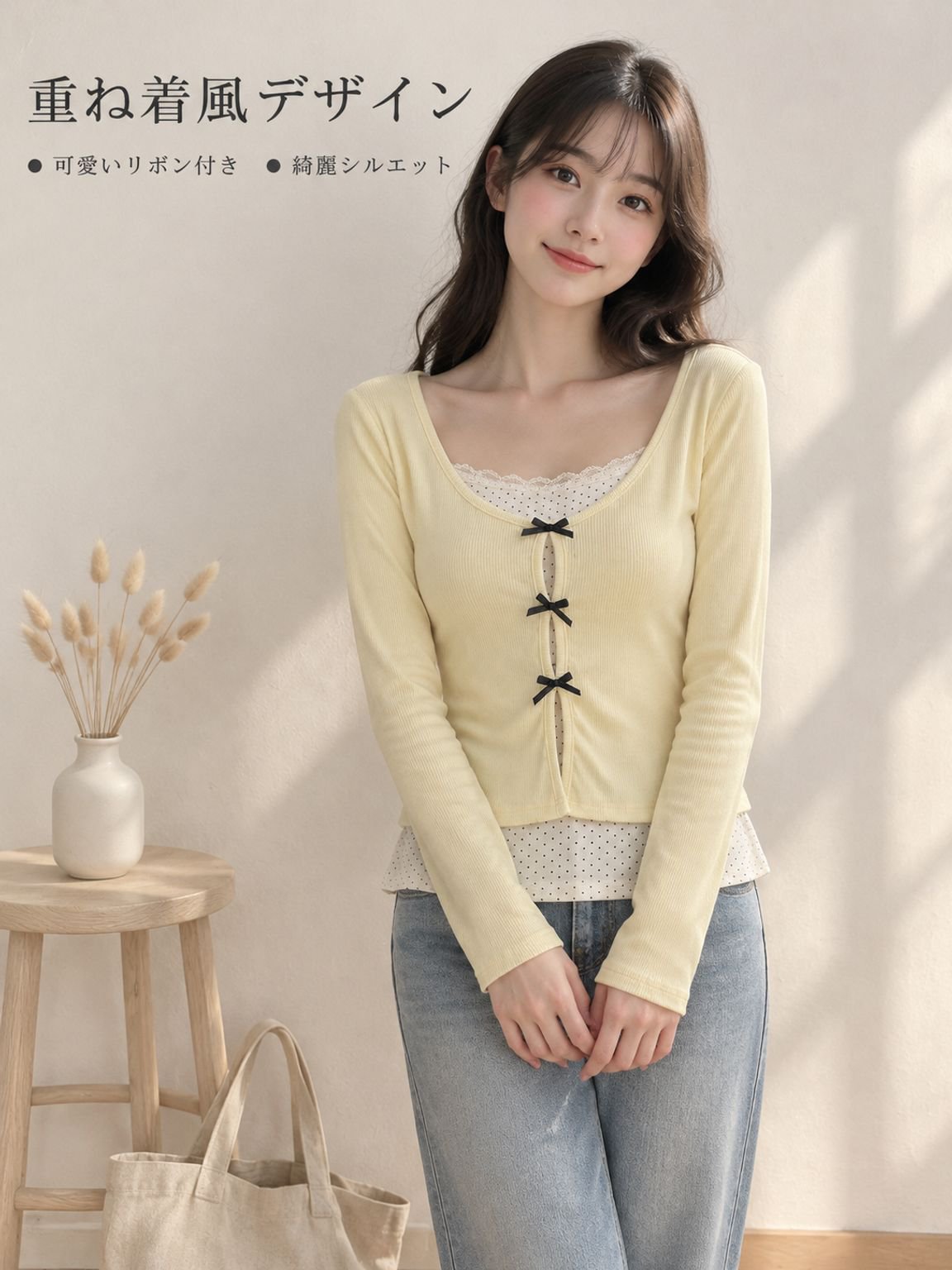 リボン付きレースレイヤード風長袖Tシャツ