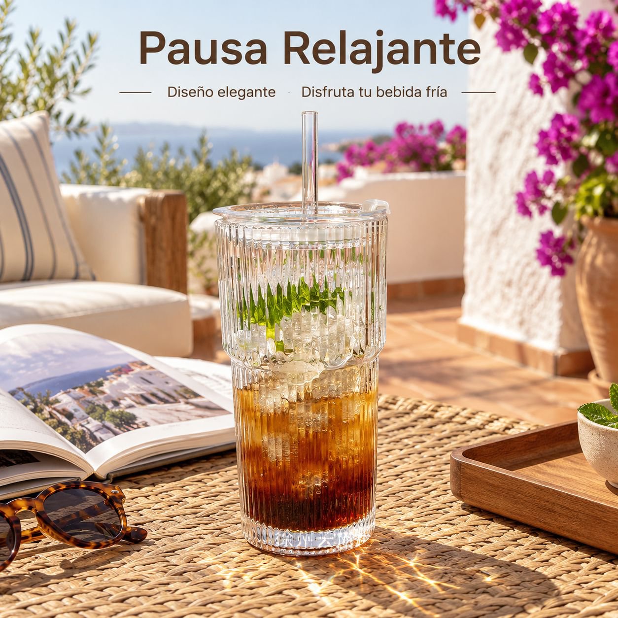 Taza de café de vidrio de alta calidad con rayas verticales, tapa y pajita