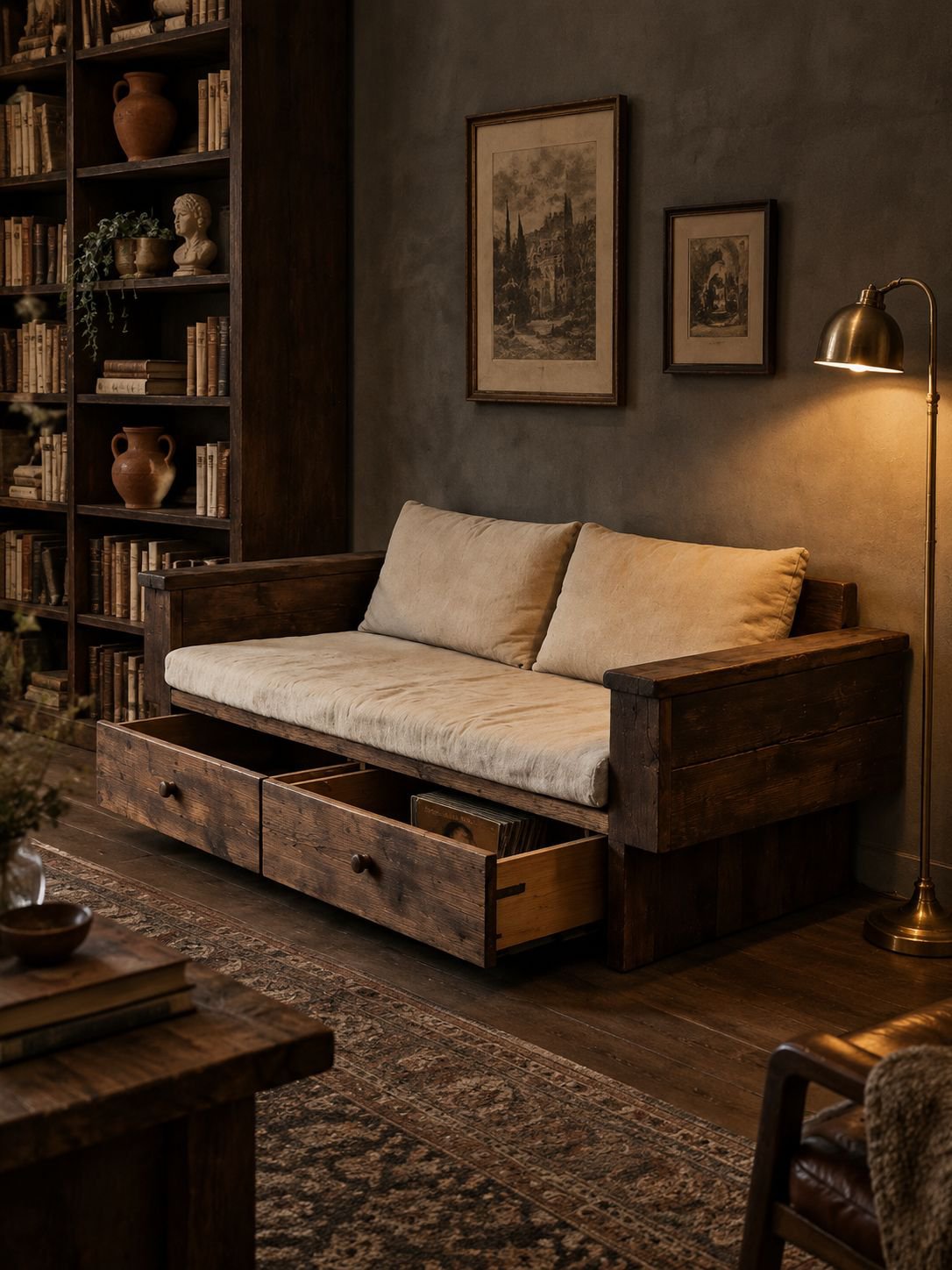 Seitenansicht eines Holzsofas im natürlichen Wabi-Sabi-Stil