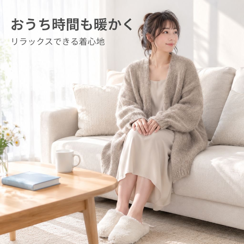 パフスリーブ無地ゆったりニットカーディガン レディース 秋冬新作