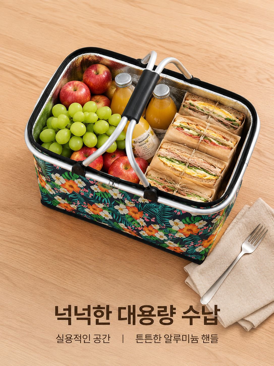 휴대용 접이식 프린트 보온 수납 바구니 야외 캠핑 손잡이 바구니