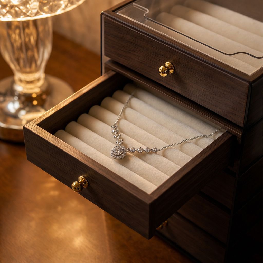 Multi-Layer Jewelry Box open with bracelets, necklaces, and earrings inside