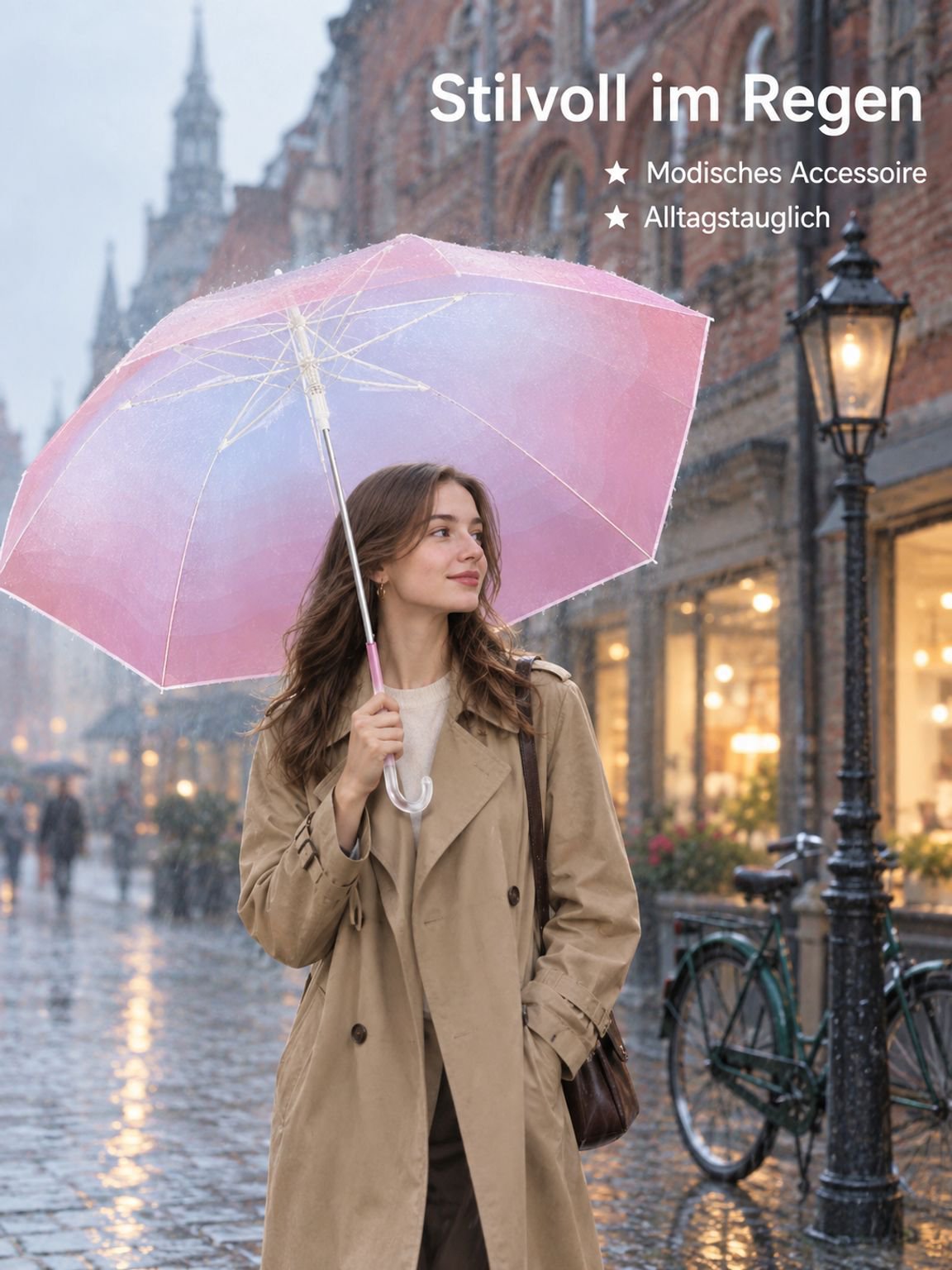  Transparenter Verlaufs-Regenschirm für Damen, automatische Öffnung, Wellenrand-Design