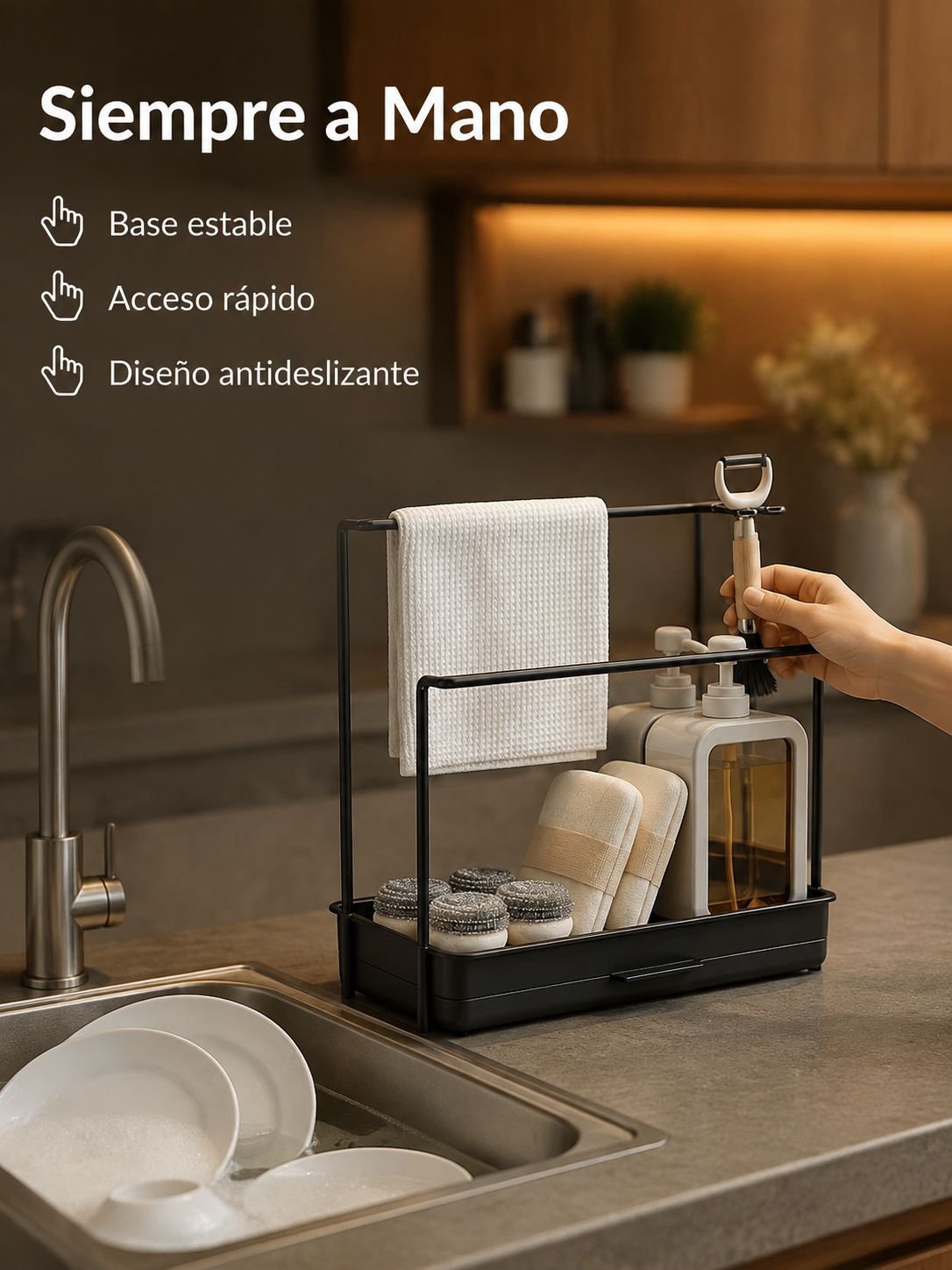 Fácil instalación del organizador para esponjas y toallas