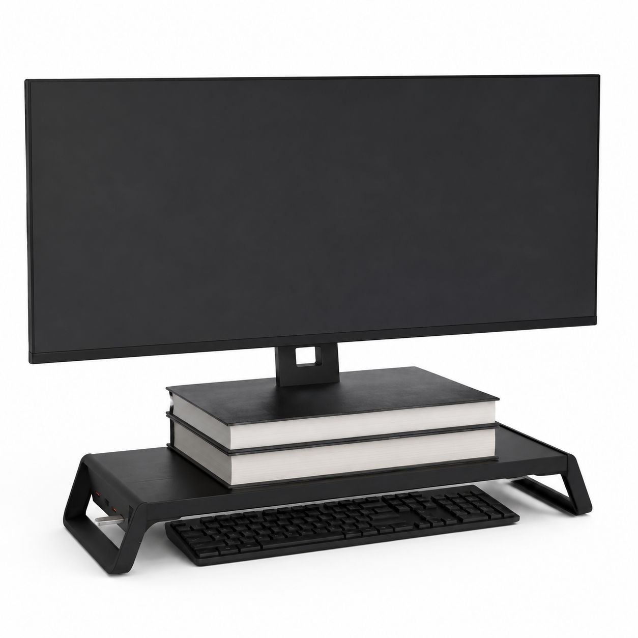 Aufbewahrungsregal unter dem Monitorständer
