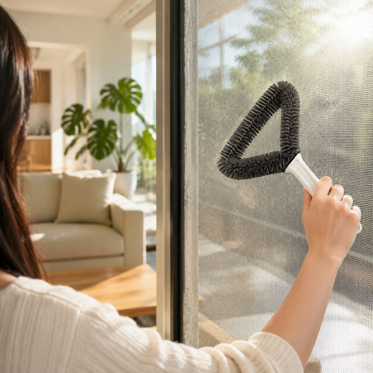 No Disassembly Needed Double-Sided Triangle Window Screen Brush in use