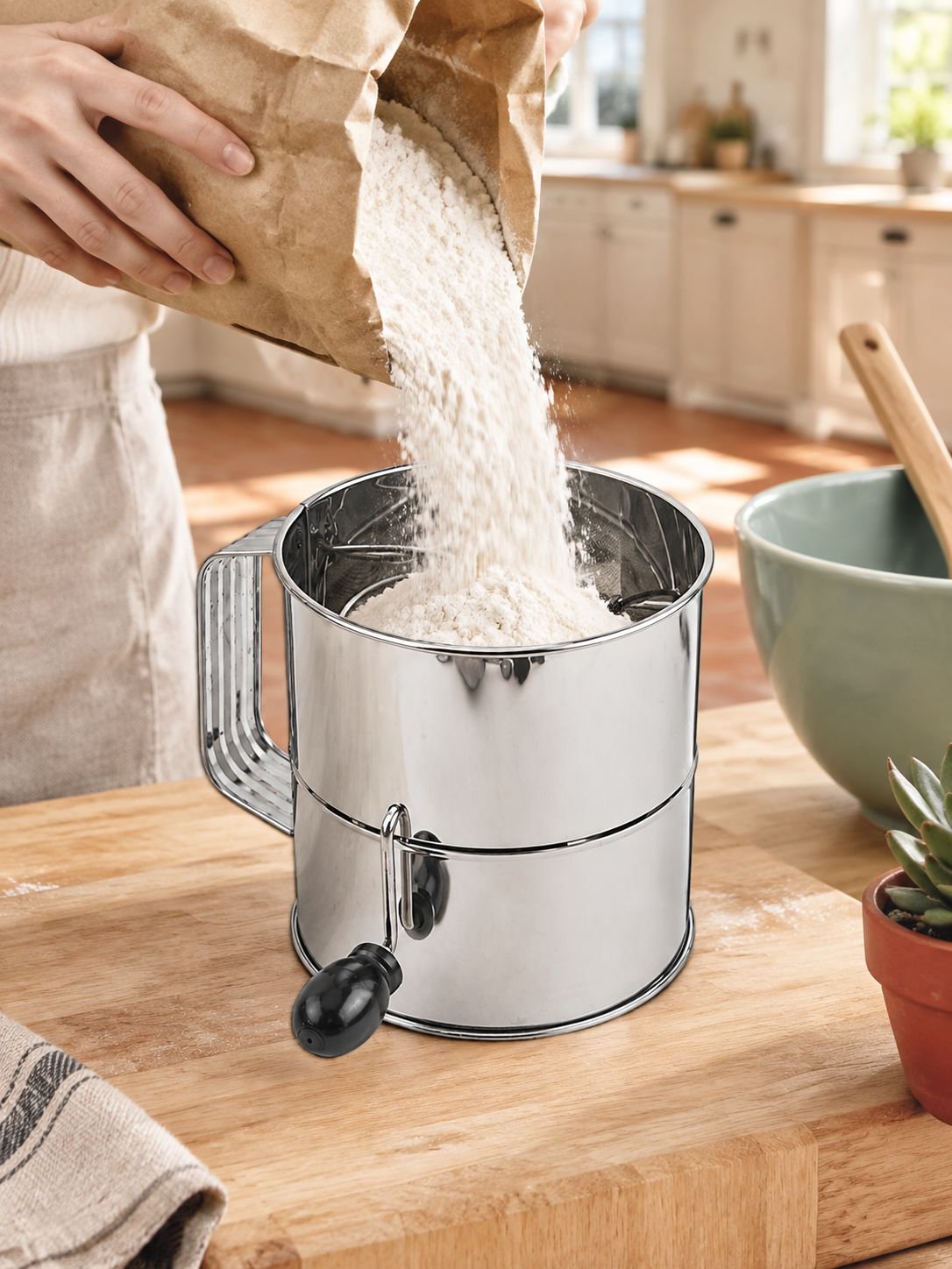 Tamiz ergonómico de acero inoxidable cómodo para usar.