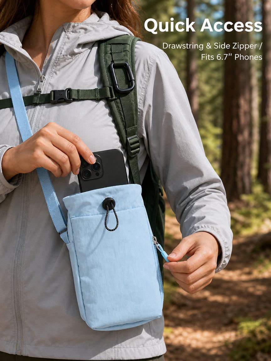 Portable Drawstring Phone Bag, Lightweight Leisure Crossbody Bag, Special for Hiking and Trekking