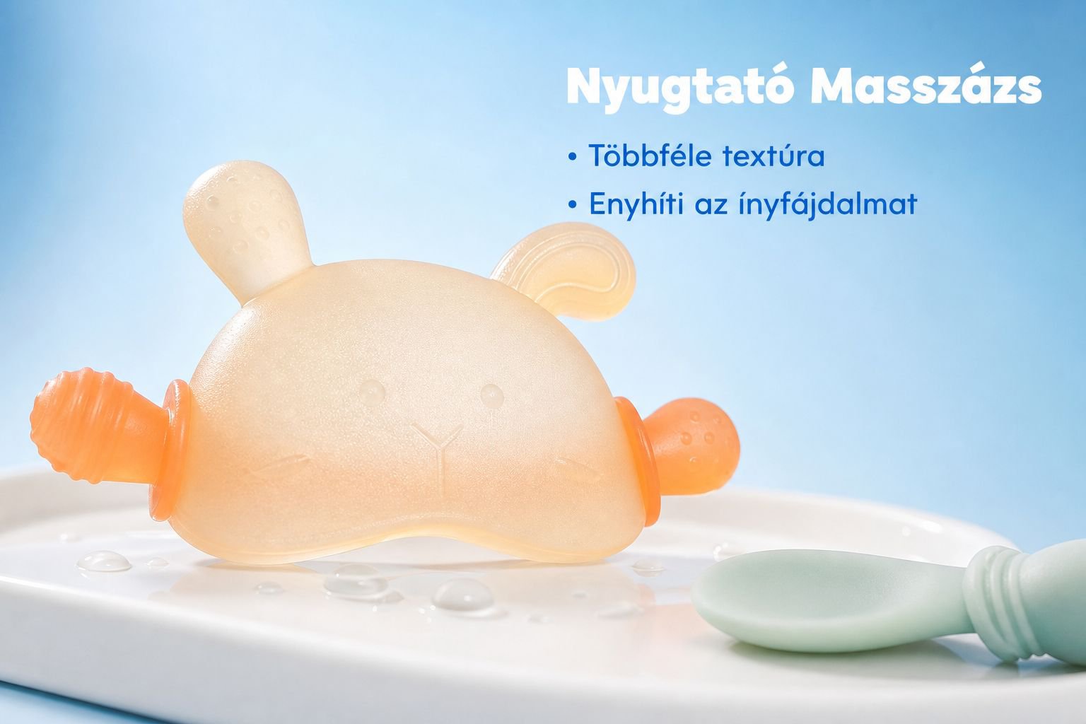 Baba kézben tartható nyuszis rágóka, csecsemőknek kézszopás elleni fogzási rágóbot
